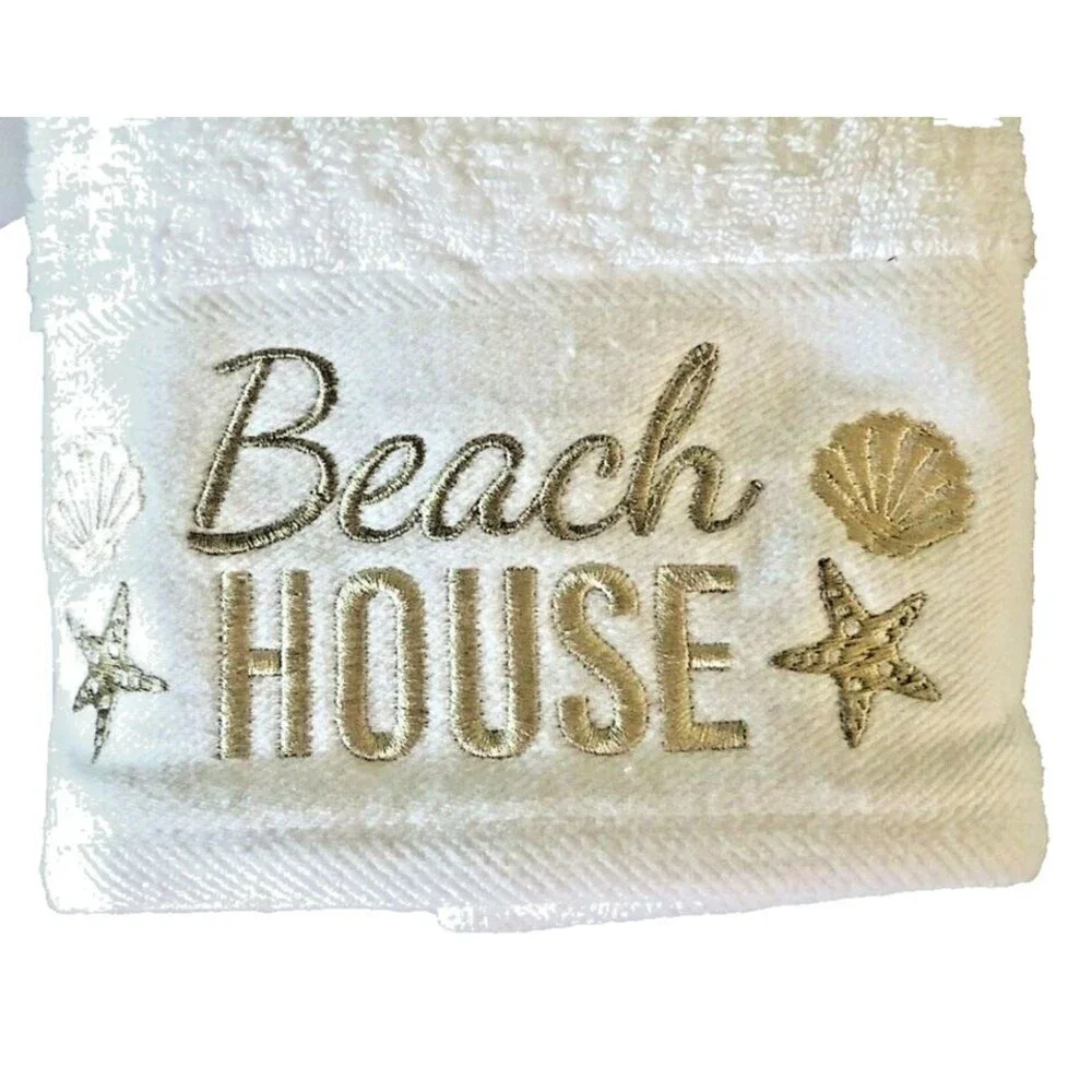 Shells Starfish Hand Towels Gold Embroidered Bathroom Beach House Set of 2 Soft